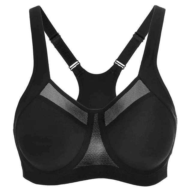 Back view of black racerback sports bra featuring mesh detail and supportive elastic underband - MissFine