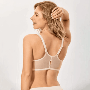 Angled side view showing lightly padded moulded cups and adjustable straps on seamless bra - MissFine