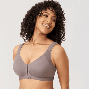 Close-up of front zipper closure and V-neckline on nude seamless full cup bra - MissFine