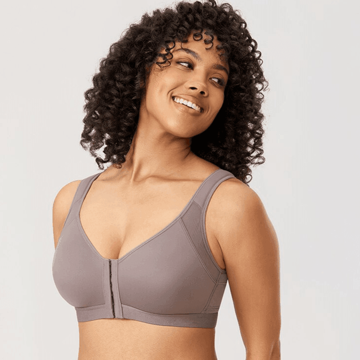 Close-up of front zipper closure and V-neckline on nude seamless full cup bra - MissFine