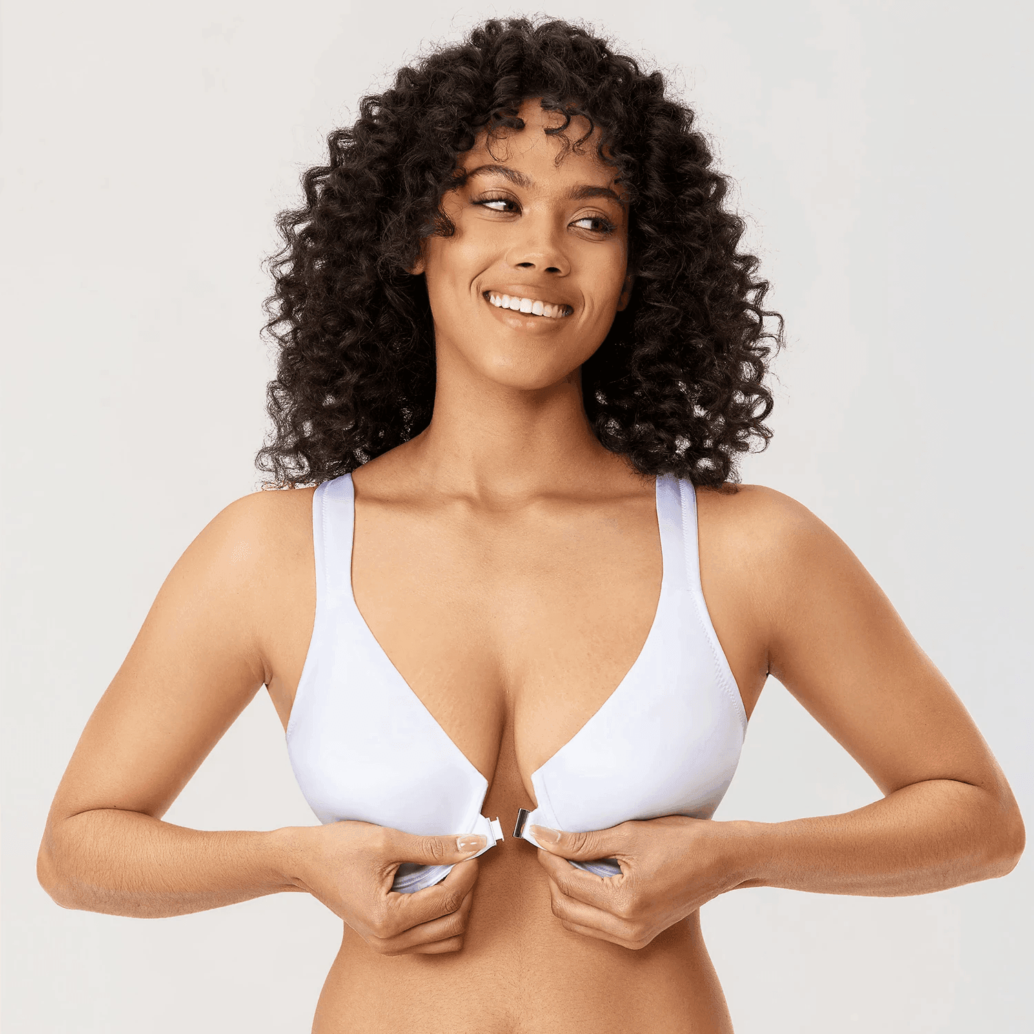Front view of plus size white front closure bra with plunge neckline and smooth cups - MissFine