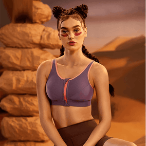 Front view of purple zip front sports bra with coral trim and full coverage cups - MissFine
