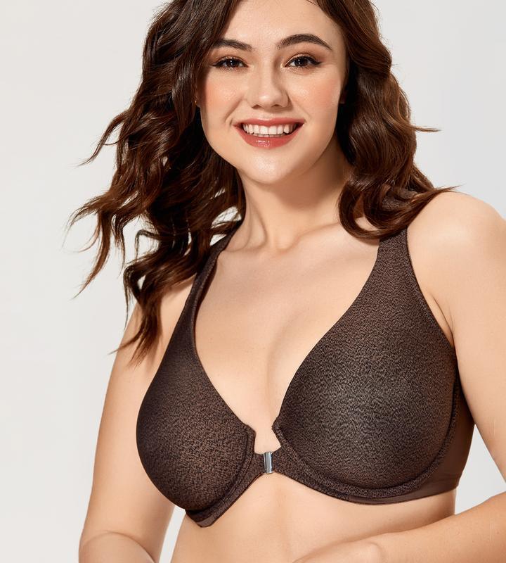 Close-up of front clasp and textured fabric on green full coverage bra - MissFine