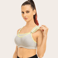 Front view of gray padded sports bra with neon trim and full-coverage molded cups - MissFine
