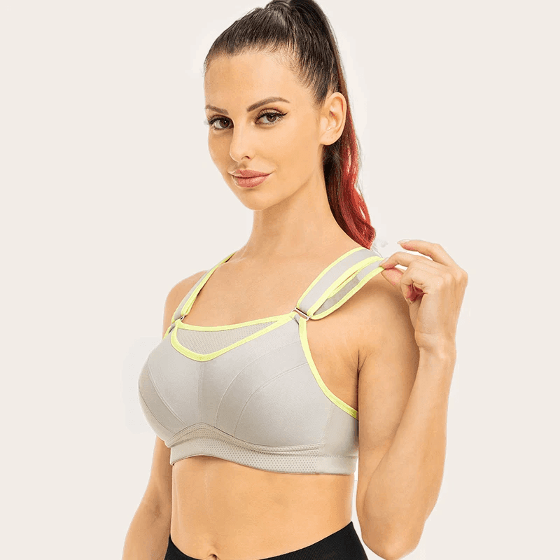 Front view of gray padded sports bra with neon trim and full-coverage molded cups - MissFine