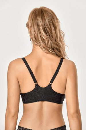 Back view of black lace full coverage bra with adjustable straps and clasp - MissFine