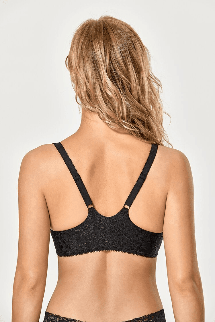 Back view of black lace full coverage bra with adjustable straps and clasp - MissFine