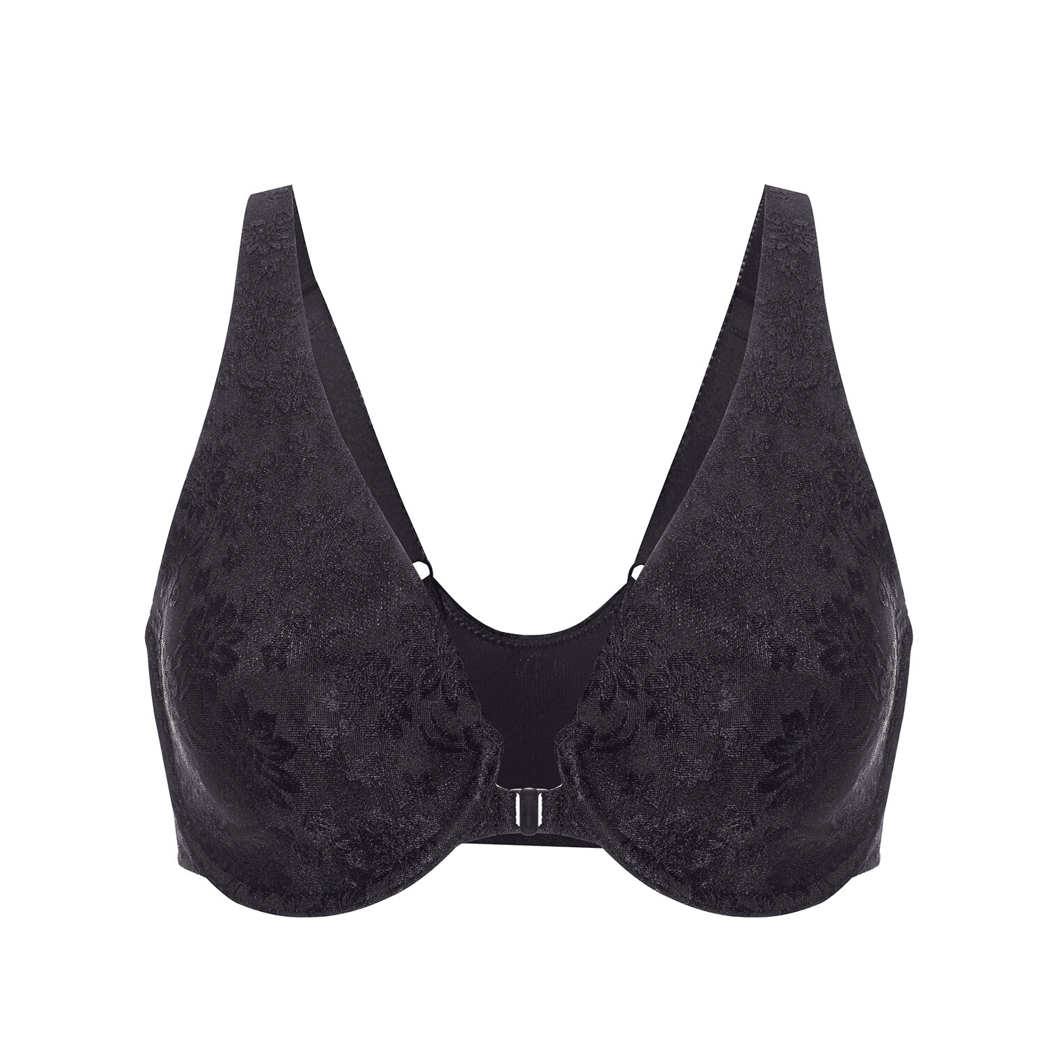 Close-up of floral lace embroidery and front clasp detail on burgundy bra - MissFine