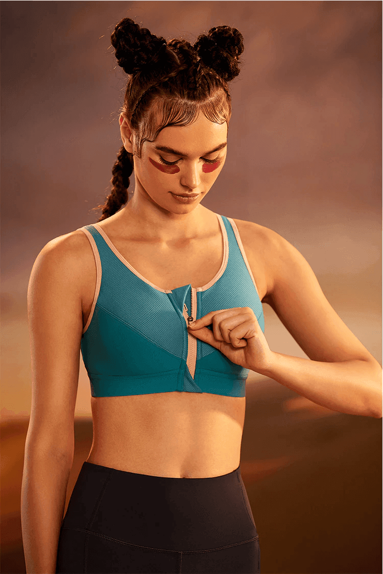 Back view racerback teal and turquoise sports bra with mesh panels and zip front - MissFine