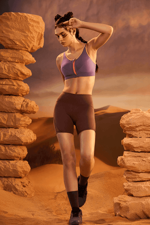 Angled close-up of molded seamless cups on purple non wired full cup bra - MissFine