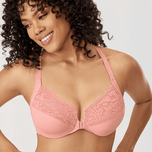 Front view of pink plus size front closure bra with molded lace cups and adjustable straps - MissFine