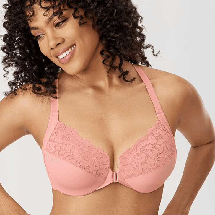 Front view of pink plus size front closure bra with molded lace cups and adjustable straps - MissFine