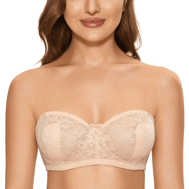 Close-up of floral lace detailing on minimizer full cup strapless bra - MissFine