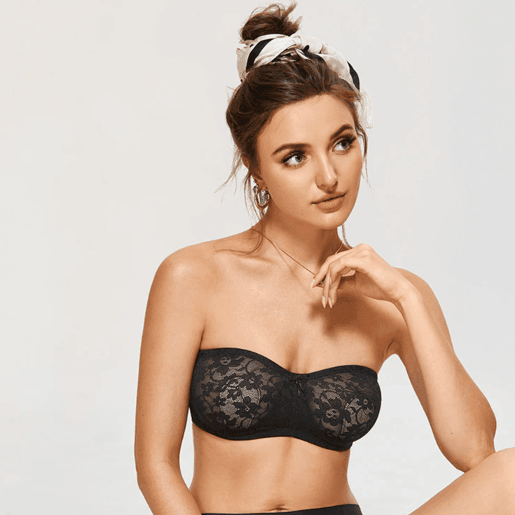 Front view of black lace full cup strapless bra with underwire support - MissFine
