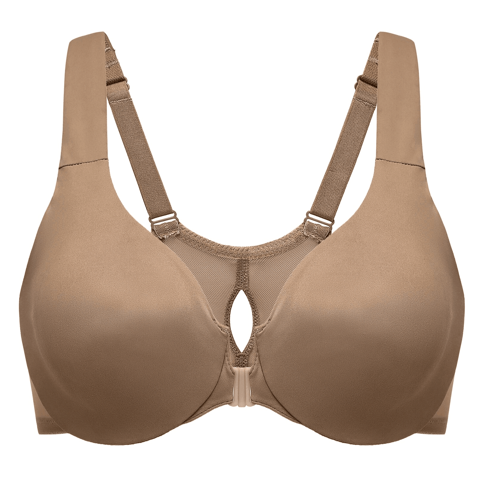 Side angle of nude seamless full coverage bra showing wide adjustable shoulder straps and front clasp - MissFine