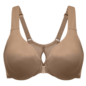 Side angle of nude seamless full coverage bra showing wide adjustable shoulder straps and front clasp - MissFine