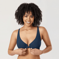 Front view of navy blue full coverage front closure bra on model - MissFine