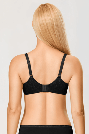 Back view of black full coverage bra with adjustable straps and hook-and-eye - MissFine