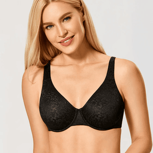 Front view of black full cup minimiser bra with lace and underwire detail - MissFine
