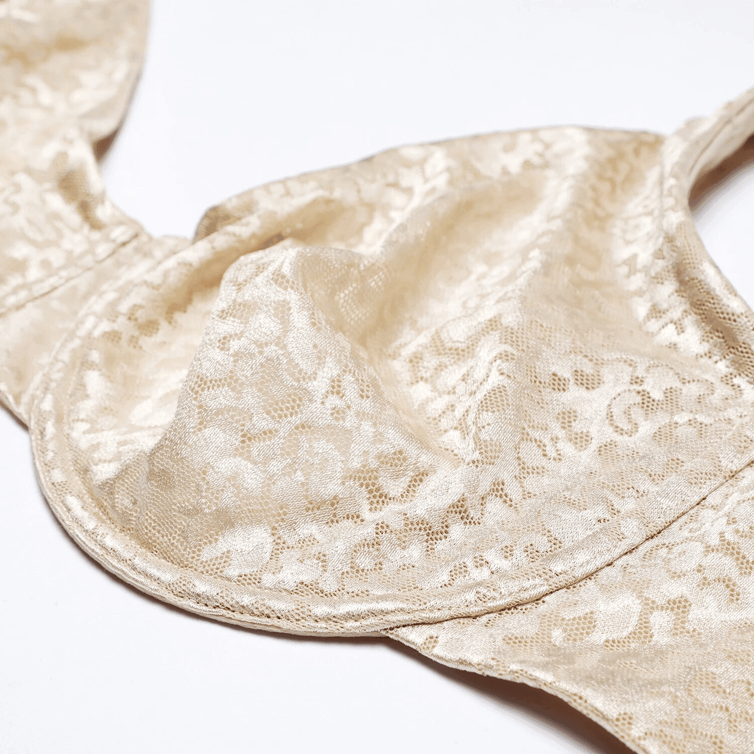 Close-up of floral lace texture on non padded minimiser bra cups - MissFine