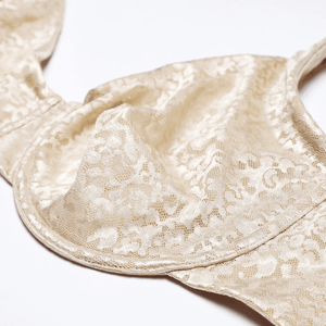 Close-up of floral lace texture on non padded minimiser bra cups - MissFine