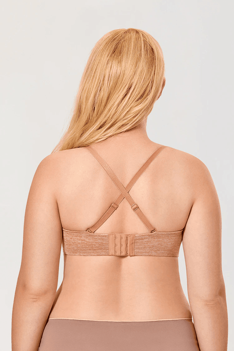 Back view of nude strapless bra with seamless band, hook-and-eye back closure and one shoulder strap attached - MissFine