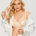 Front view of nude lace full cup minimiser bra with underwire and adjustable straps - MissFine