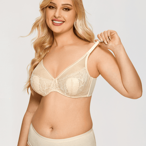 Side angle showing smoothing profile and full coverage cups on beige minimiser bra - MissFine