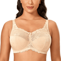 Front view of nude full cup lace bra with mesh overlay and bow detail - MissFine