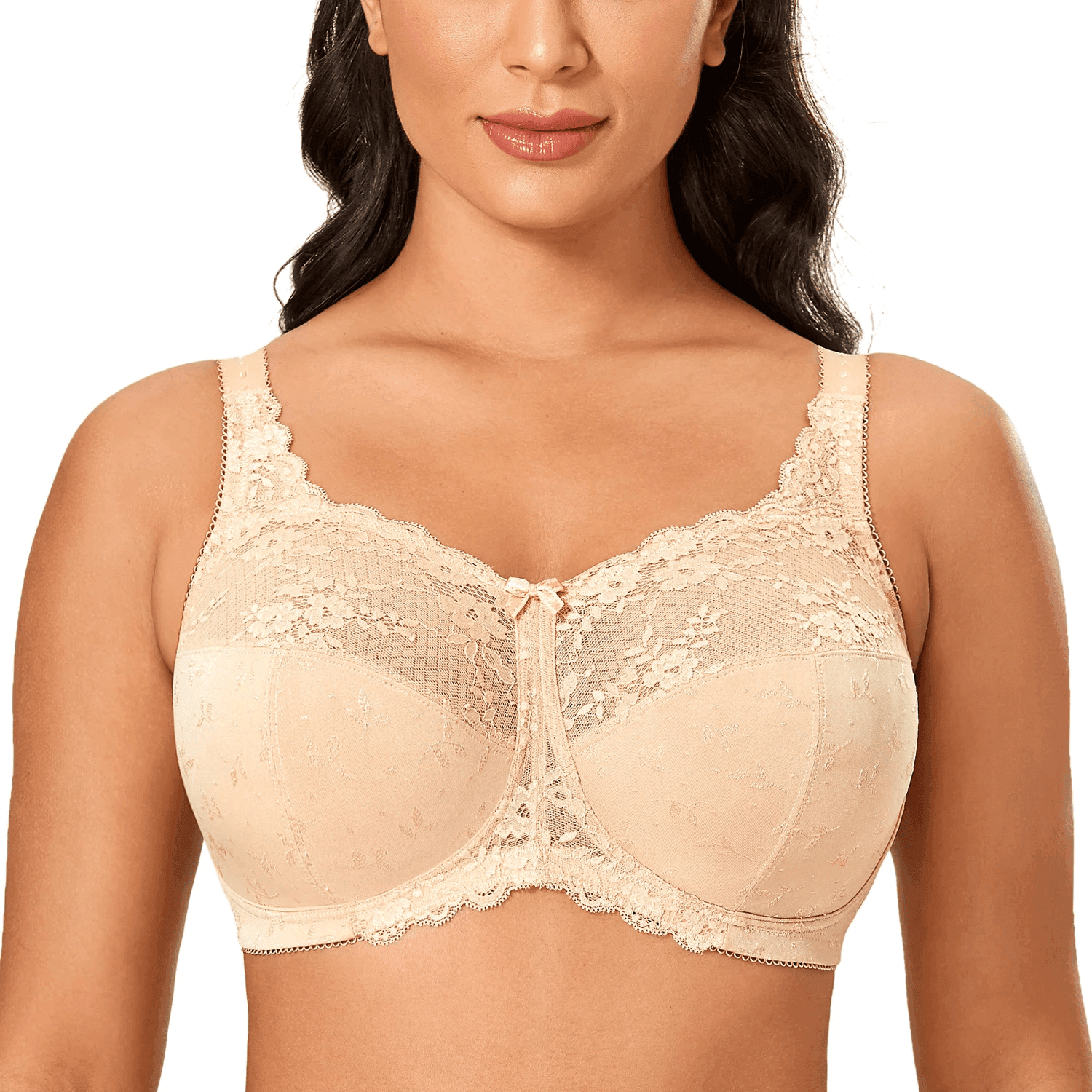 Front view of nude full cup lace bra with mesh overlay and bow detail - MissFine