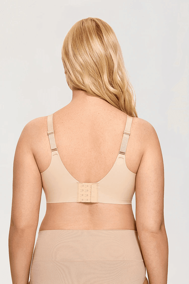 Back view of nude non wired bra with wide band and triple hook closure - MissFine