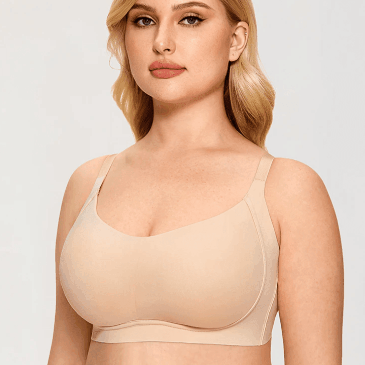 Side angle of black wireless full cup bra showing smooth t shirt silhouette - MissFine