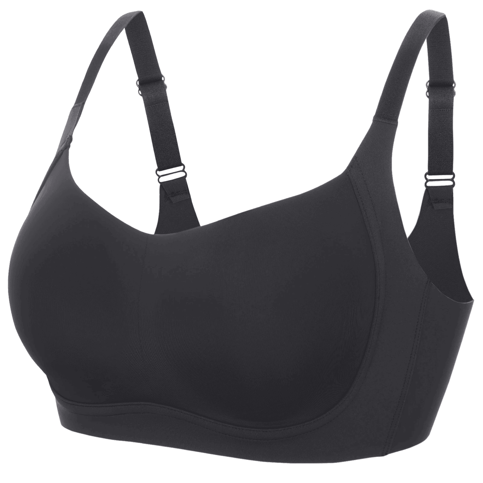 Close-up of breathable molded cup and adjustable strap detail on black bra - MissFine