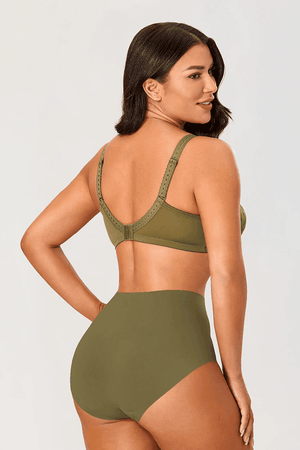 Back view of olive green plus size bra with wide adjustable straps and hook-and-eye closure - MissFine