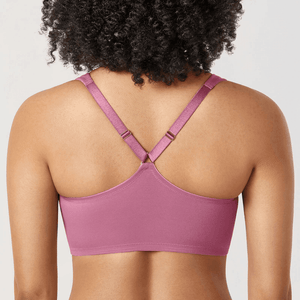 Back view showing convertible racerback straps and smooth band on purple bra - MissFine