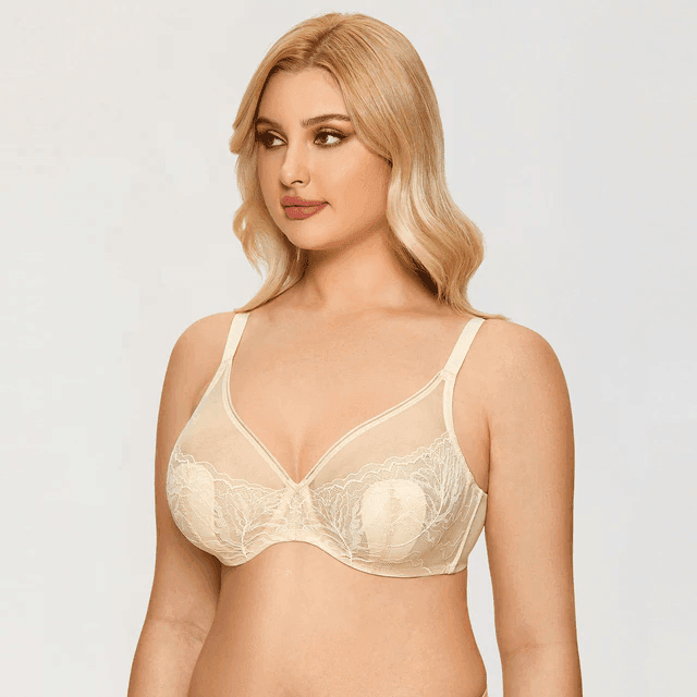 Front view of nude full cup minimiser bra with lace and mesh panels, underwired support and adjustable straps - MissFine