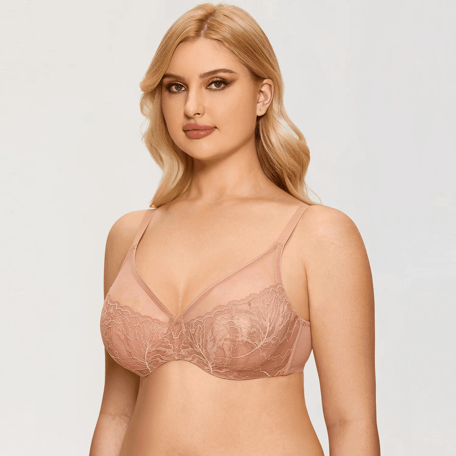 Angled front view showing plunge neckline, sheer upper cups and supportive underwire structure for plus-size fit - MissFine