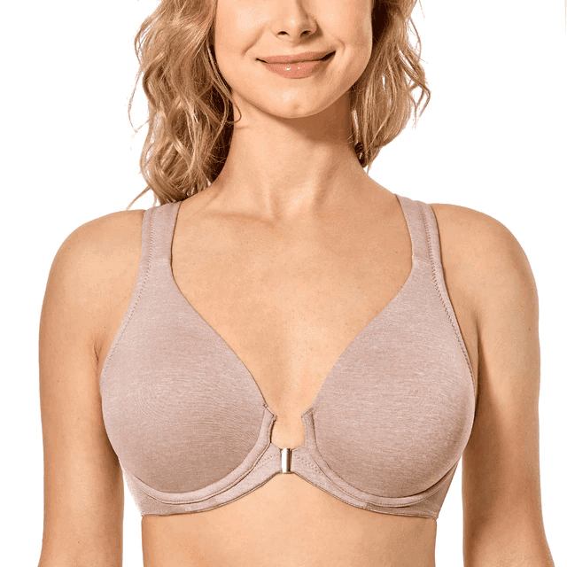 Front view of beige plus size non wired padded front closure t-shirt bra on model - MissFine