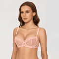 Front view of light pink lace balconette bra with padded underwire demi cups and bow detail - MissFine
