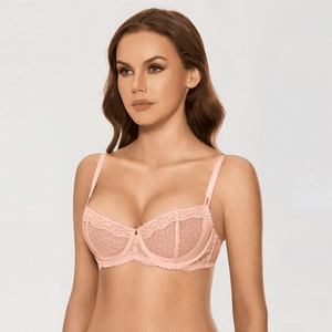 Front view of light pink lace balconette bra with padded underwire demi cups and bow detail - MissFine