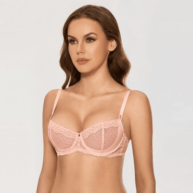 Front view of light pink lace balconette bra with padded underwire demi cups and bow detail - MissFine