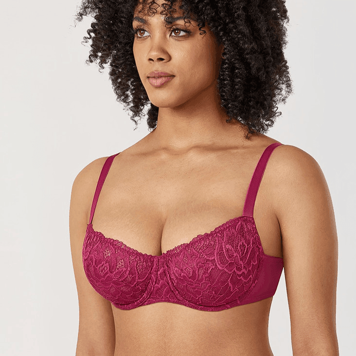 Side angle showing balconette-style lace cups and adjustable straps - MissFine