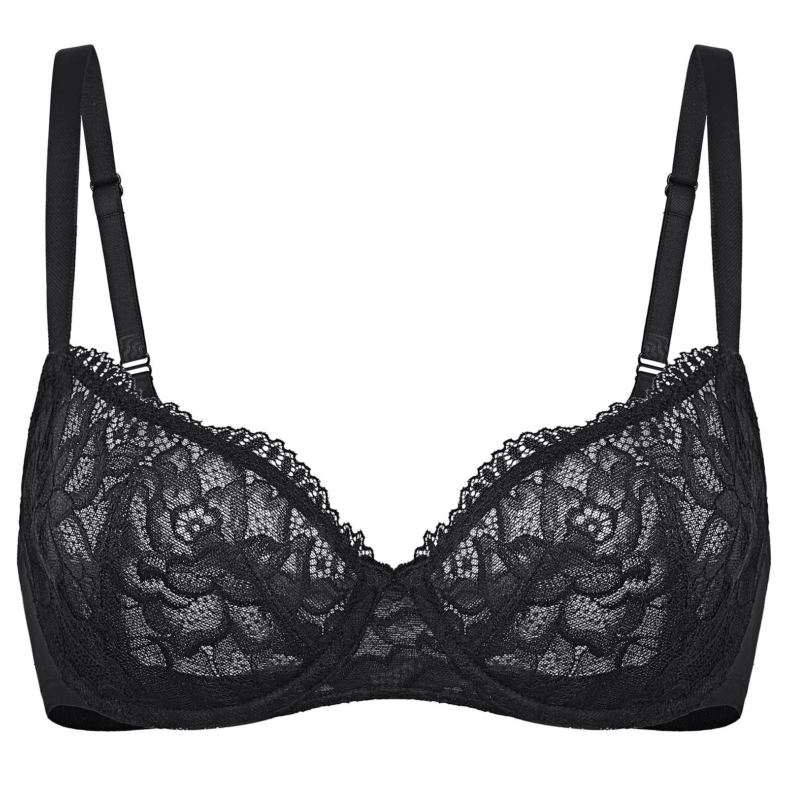 Close-up of floral lace overlay on molded full cup for plus size fit - MissFine