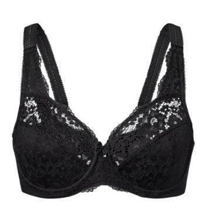 Front view of black lace plus size bra with padded underwire cups and wide straps - MissFine