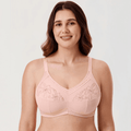 Front view of soft pink non wired full cup bra with lace embroidery and wide band - MissFine