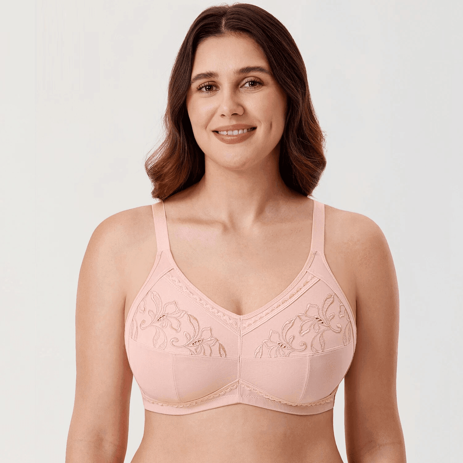 Front view of soft pink non wired full cup bra with lace embroidery and wide band - MissFine