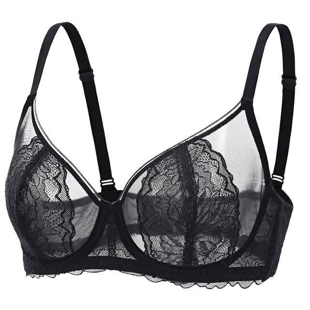 Front view of cream full cup lace bra with V-neckline and sheer mesh panels - MissFine