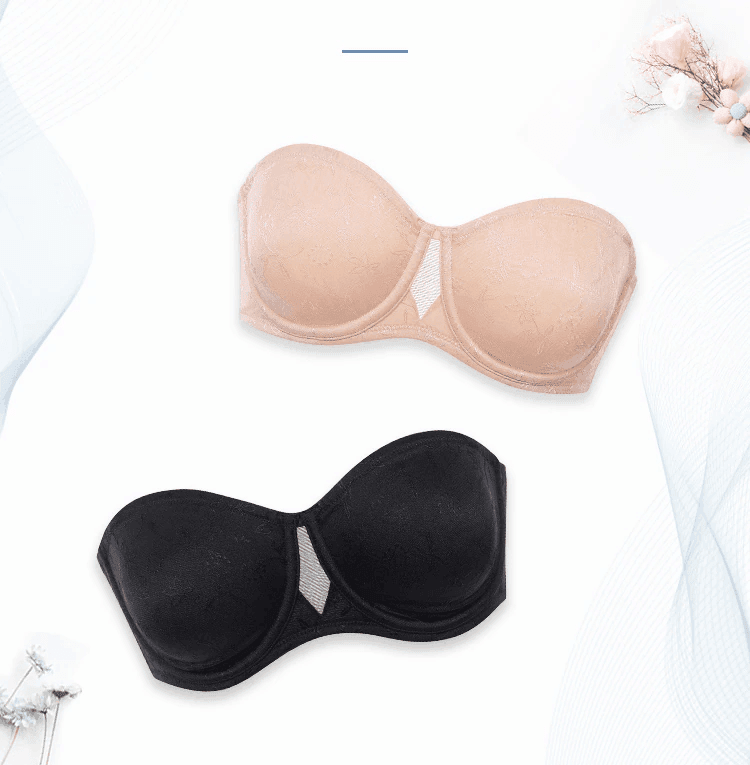 Nude seamless strapless bra laid flat showing molded underwire cups and smooth finish - MissFine