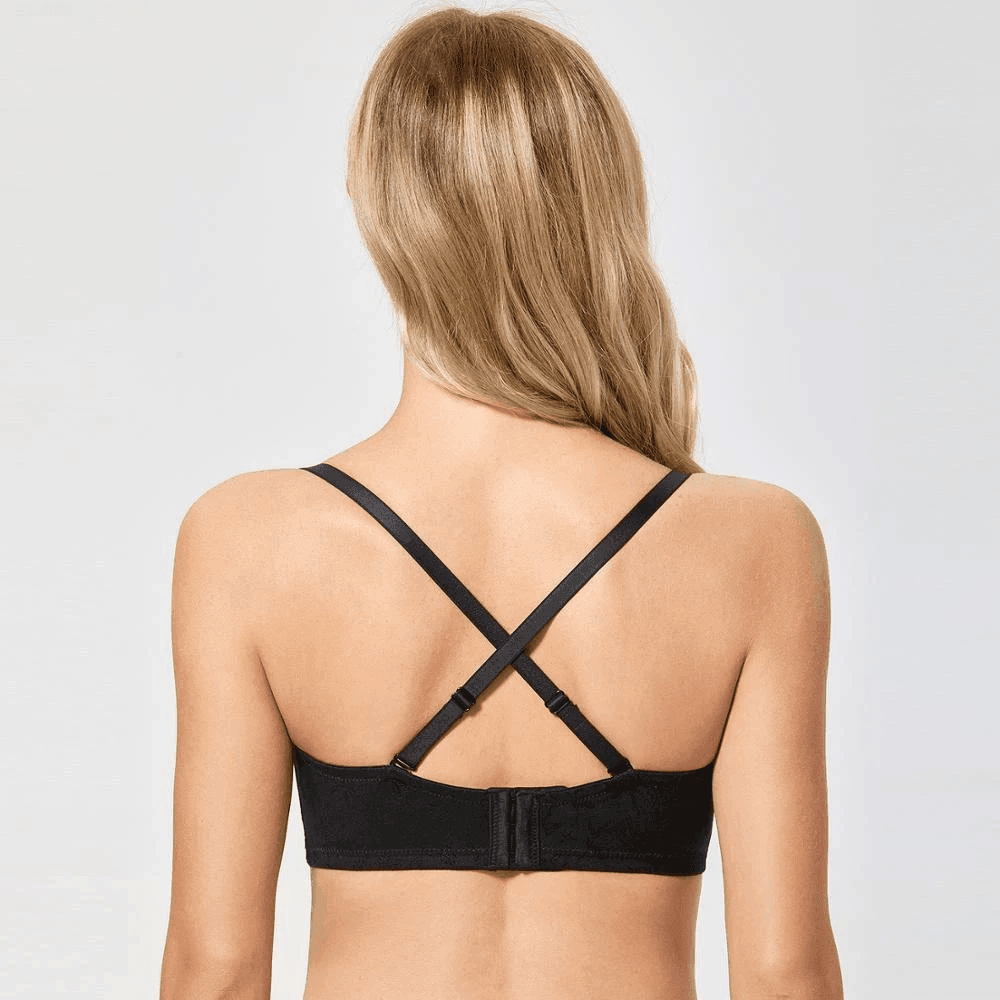 Back view of strapless bra with wide band, back closure and detachable straps attached cross-back - MissFine