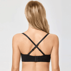 Back view of strapless bra with wide band, back closure and detachable straps attached cross-back - MissFine